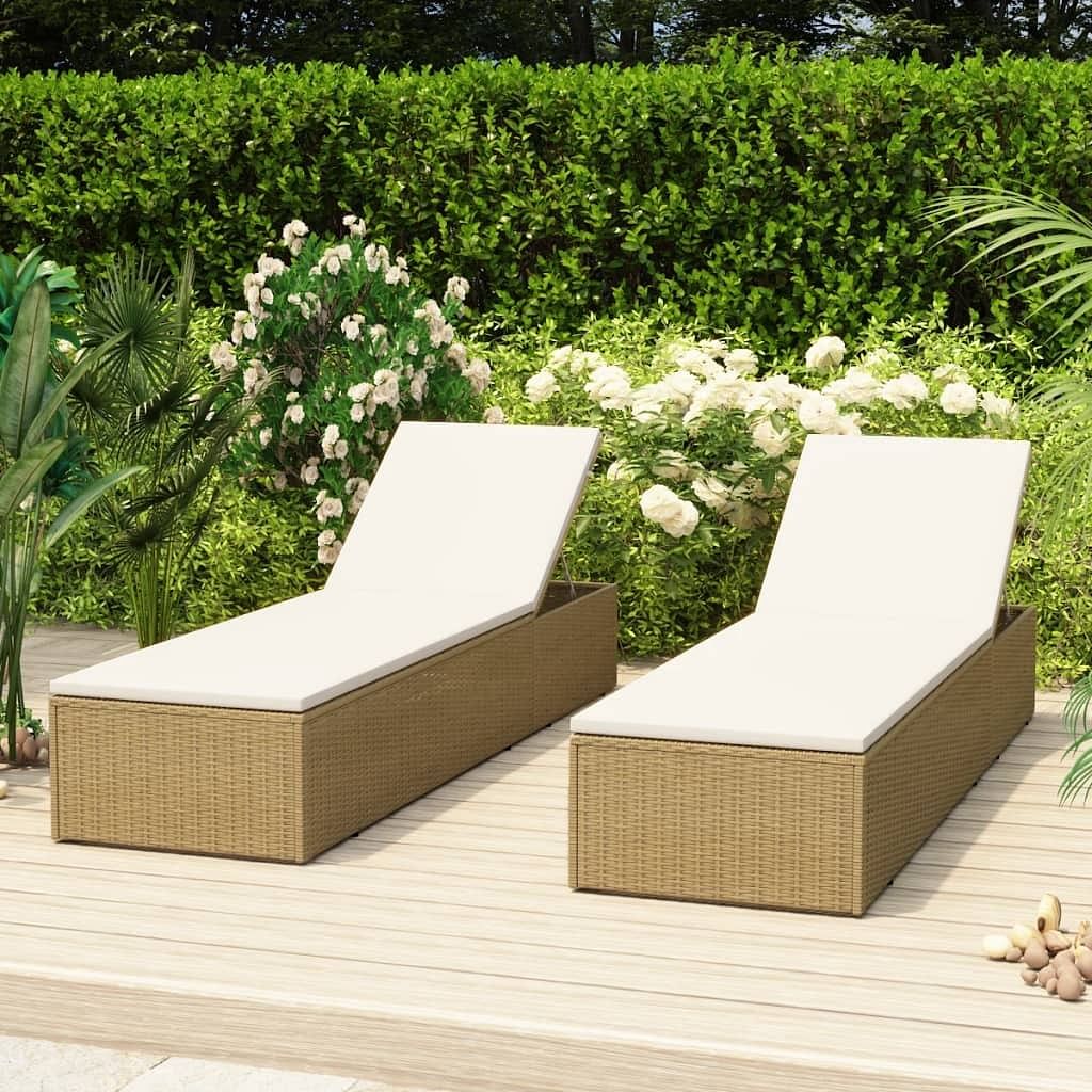 Sunlounger brown and cream white pe rattan, powder-coated steel