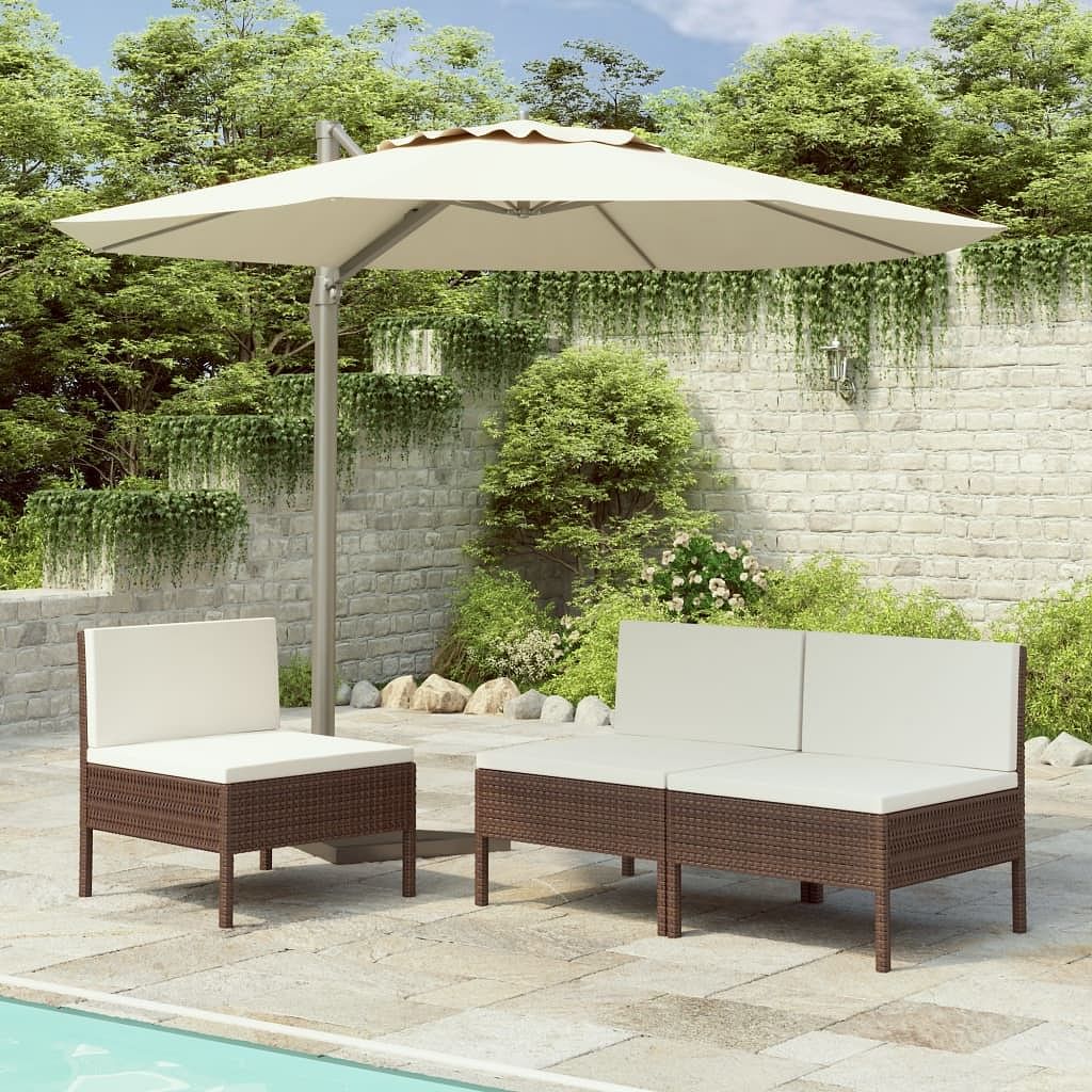Garden chair set of 3 brown with cream white cushions