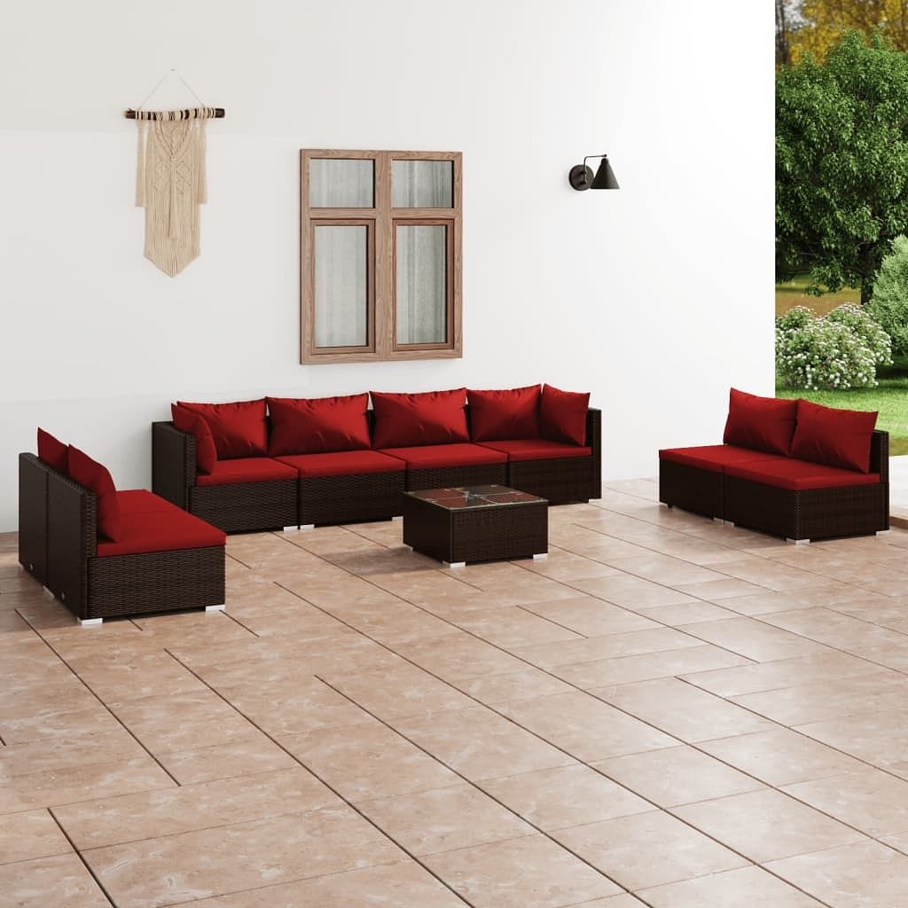 Garden lounge set brown and cinnamon red pe rattan large modular