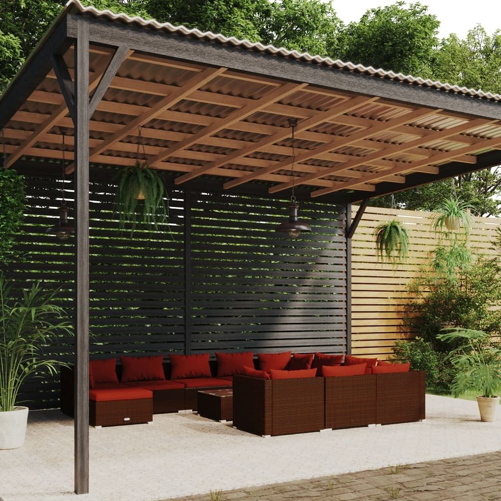 Garden lounge set poly rattan: brown, cushions: cinnamon red