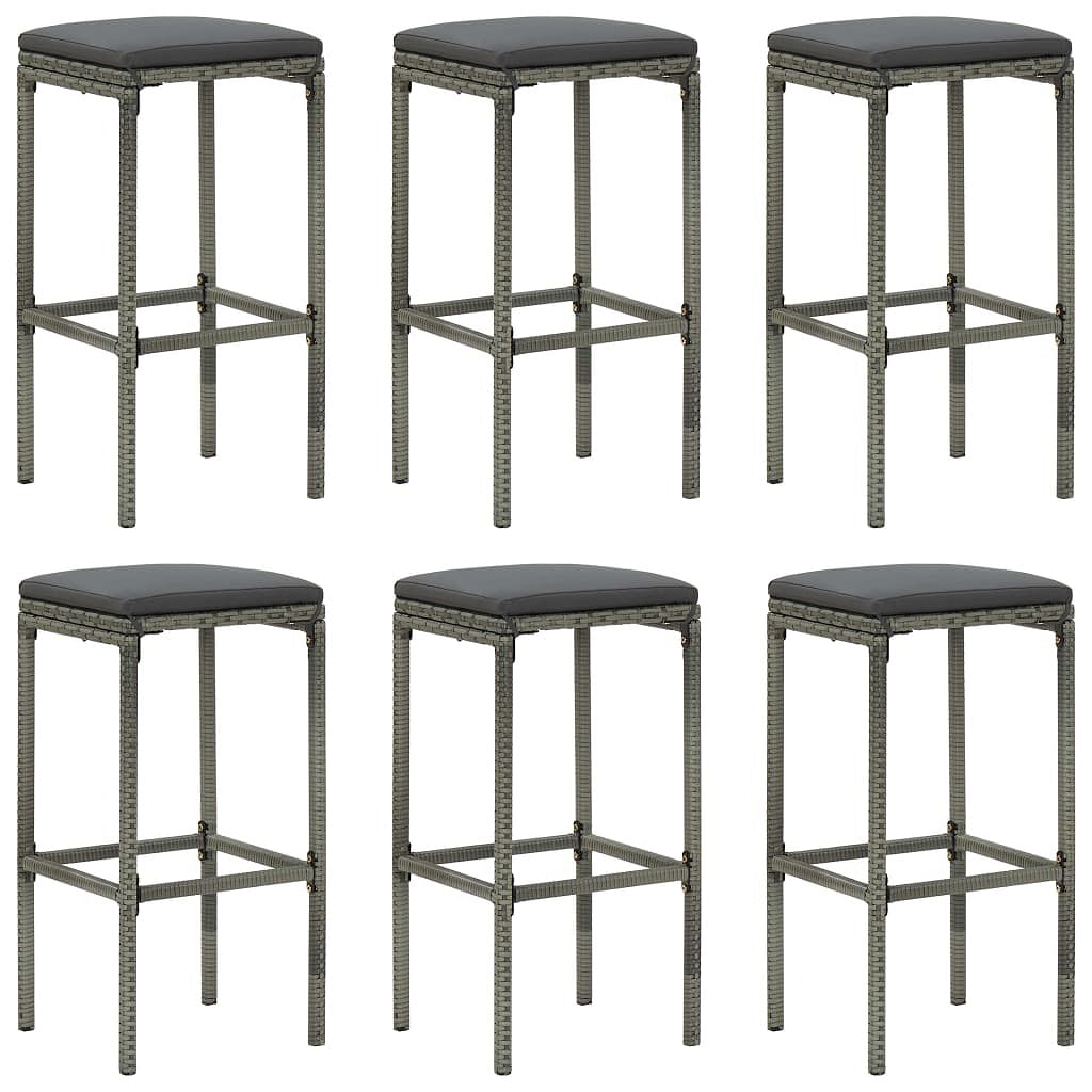 Bar stool set of 6 grey pe rattan, steel, polyester medium