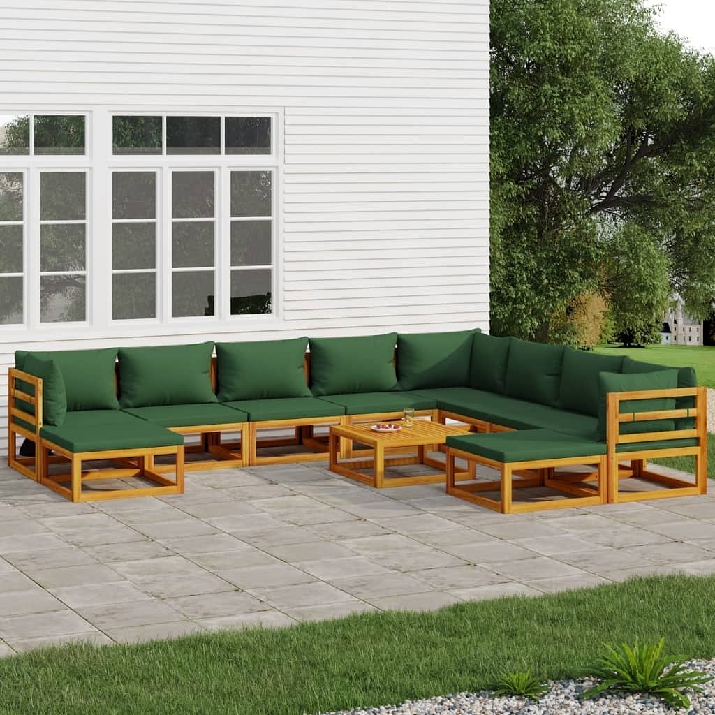 Garden lounge set green solid acacia wood, fabric (100% polyester)