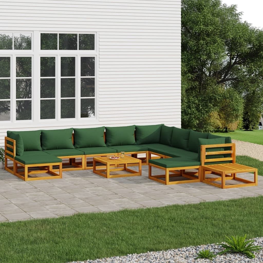Garden lounge set natural wood, green solid acacia wood, polyester