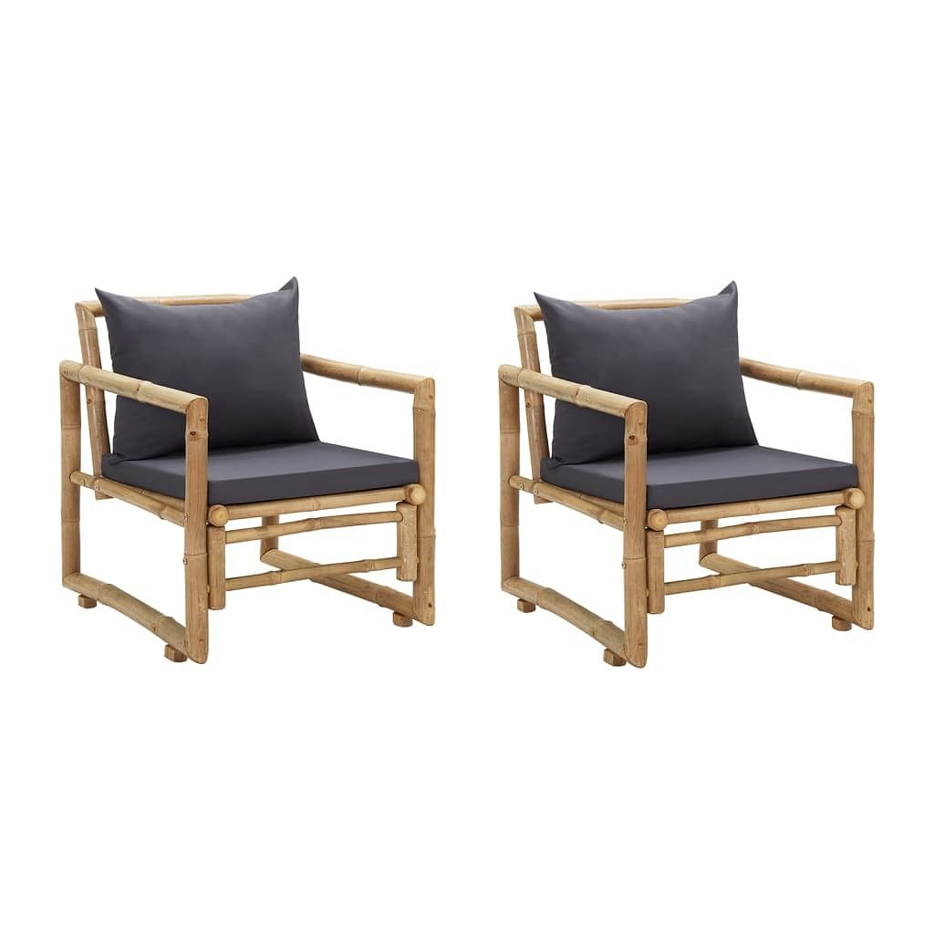 Garden chair set of 2 dark grey, natural bamboo, polyester