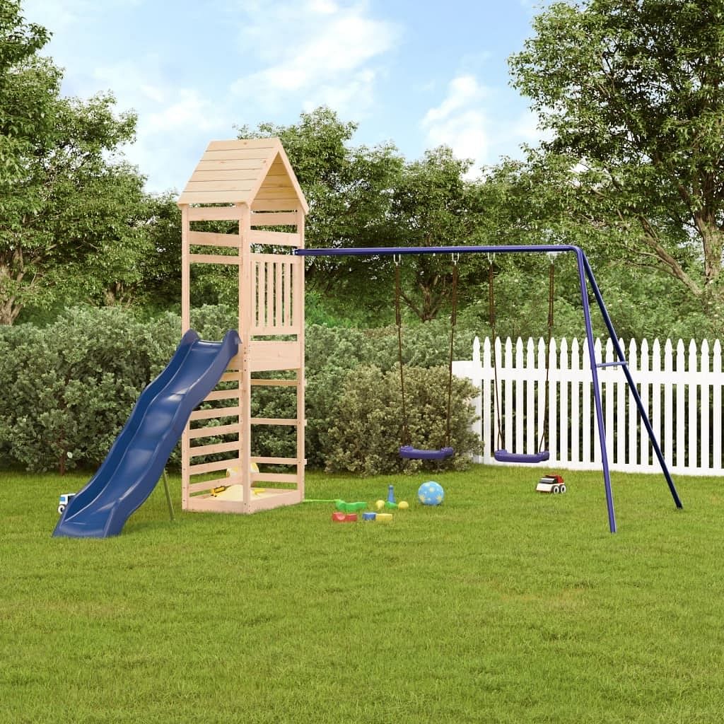 Outdoor playset natural wood, blue solid pine wood, polypropylene