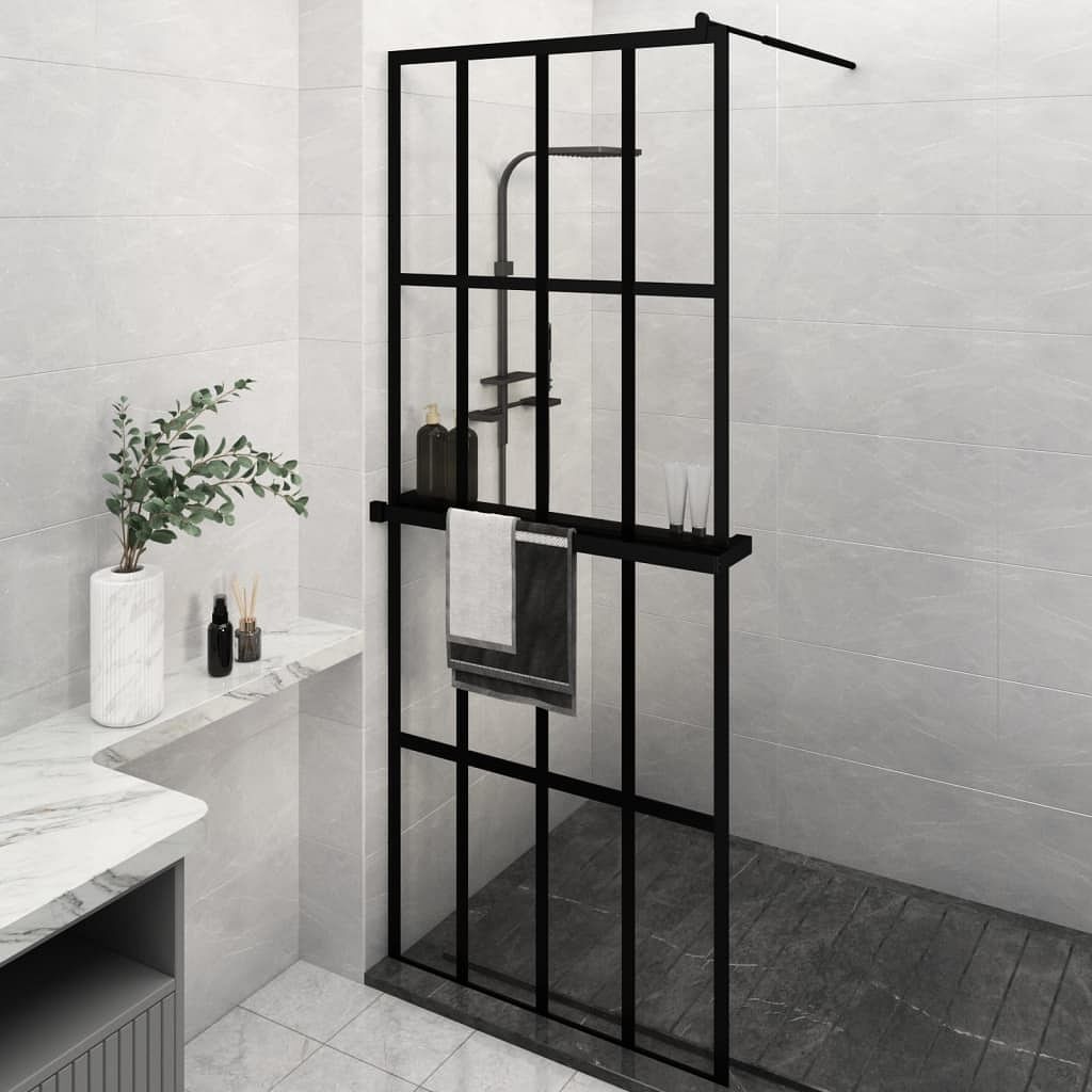 Walk-in shower wall with shelf black 31.5"x76.8" esg glass&aluminum