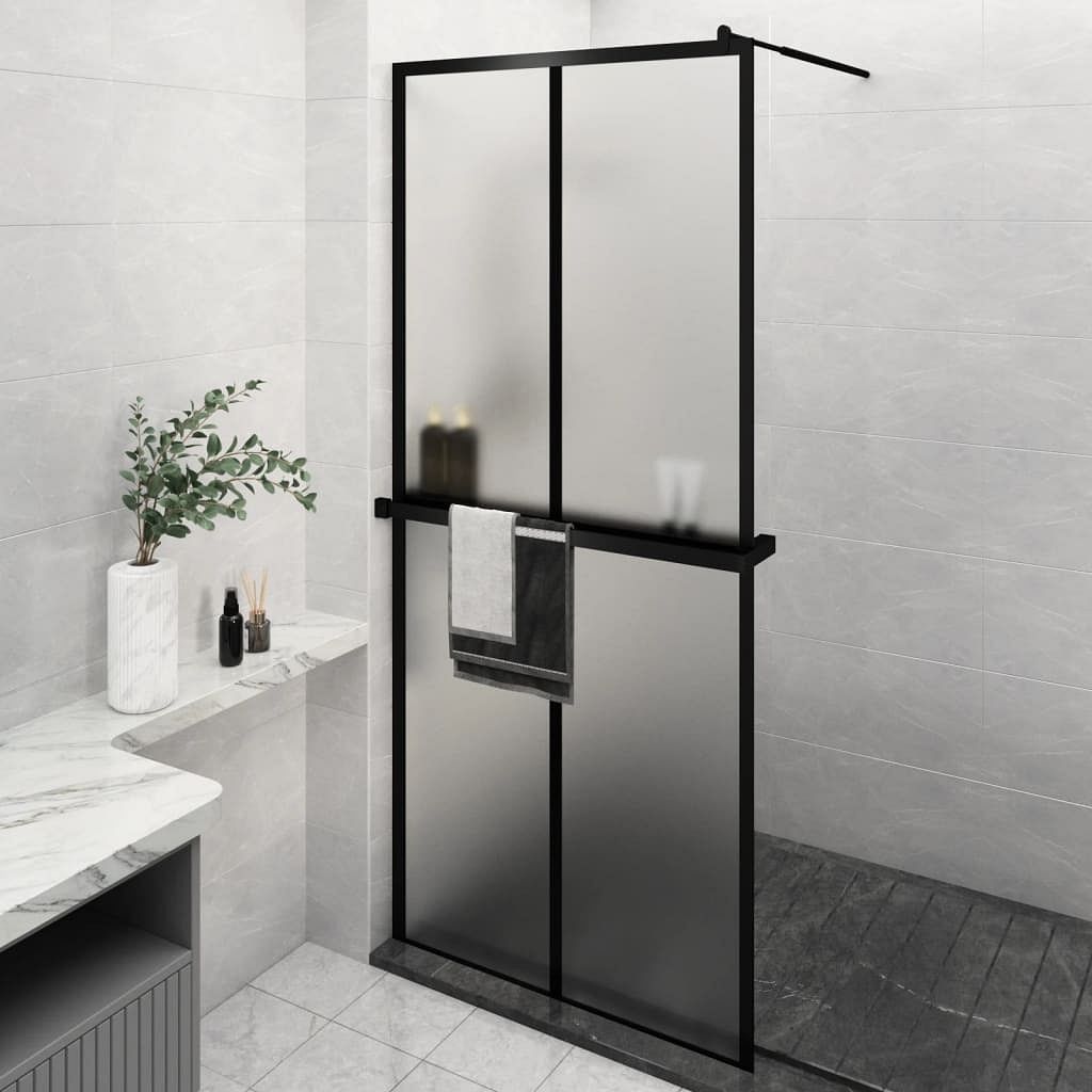 Walk-in shower wall with shelf black 35.4"x76.8" esg glass&aluminum