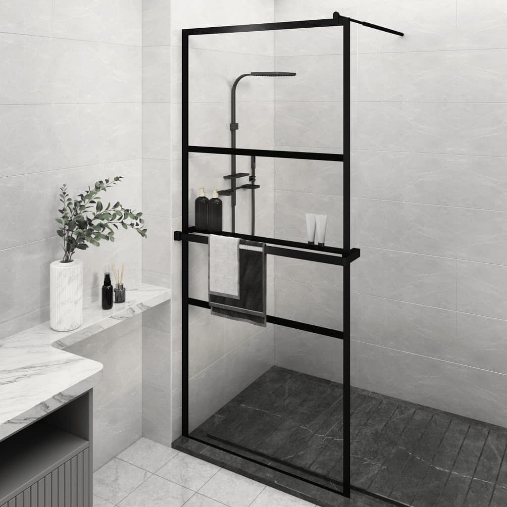 Walk-in shower wall with shelf black 35.4"x76.8" esg glass&aluminum