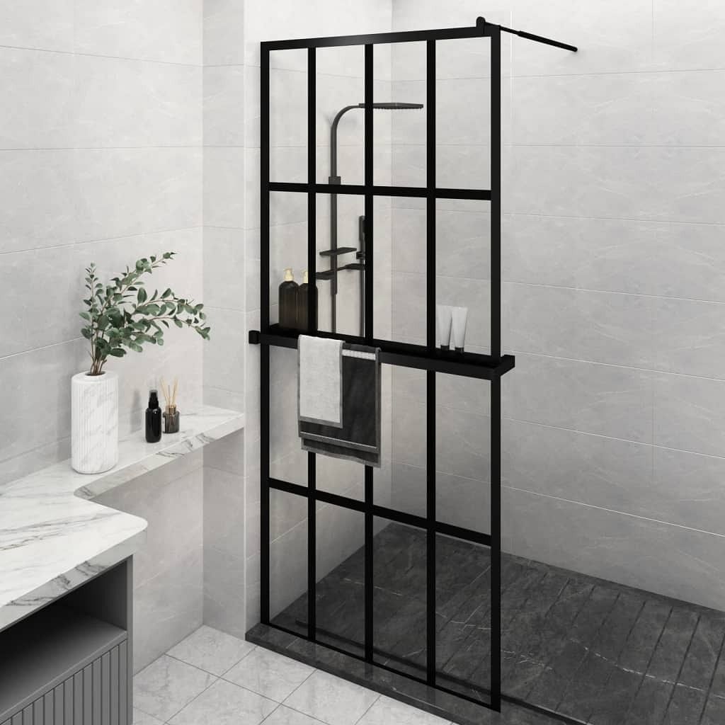 Walk-in shower wall with shelf black 39.4"x76.8" esg glass&aluminum