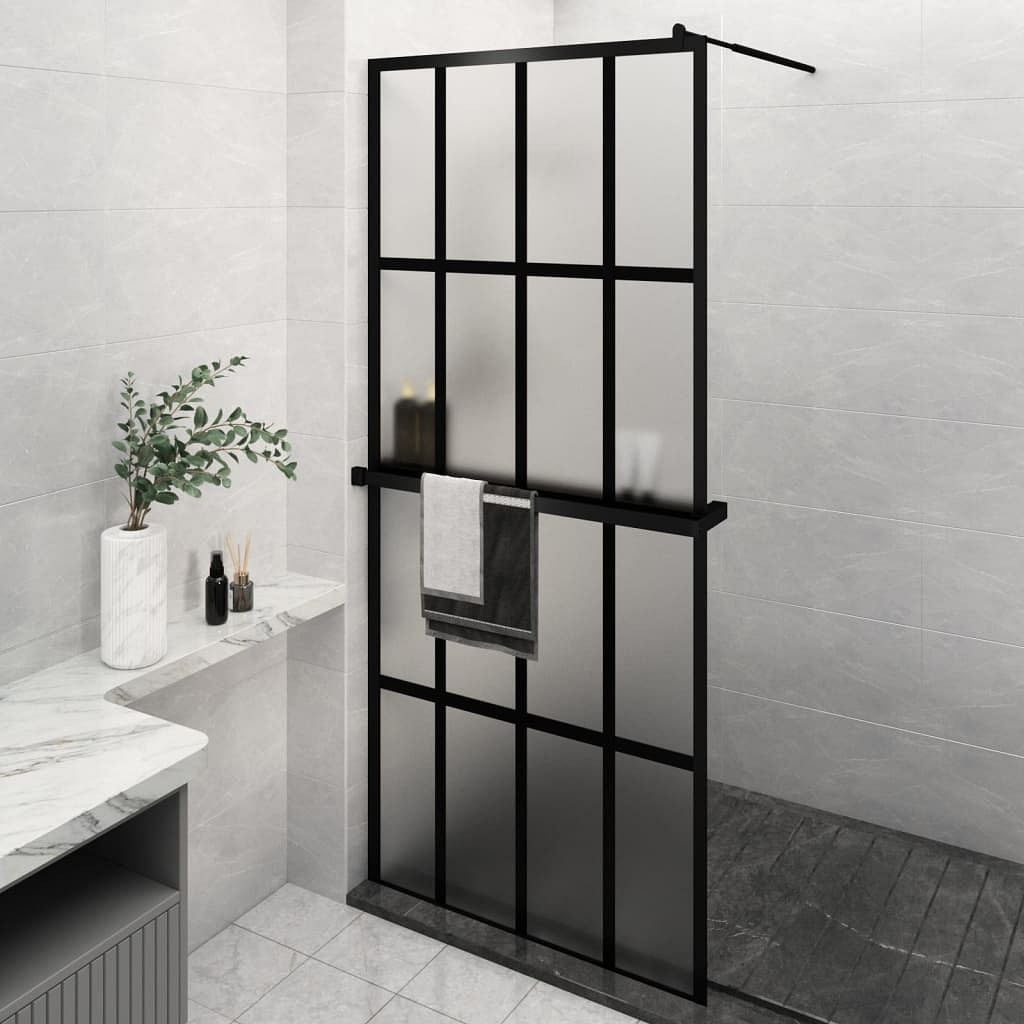 Walk-in shower wall with shelf black 39.4"x76.8" esg glass&aluminum