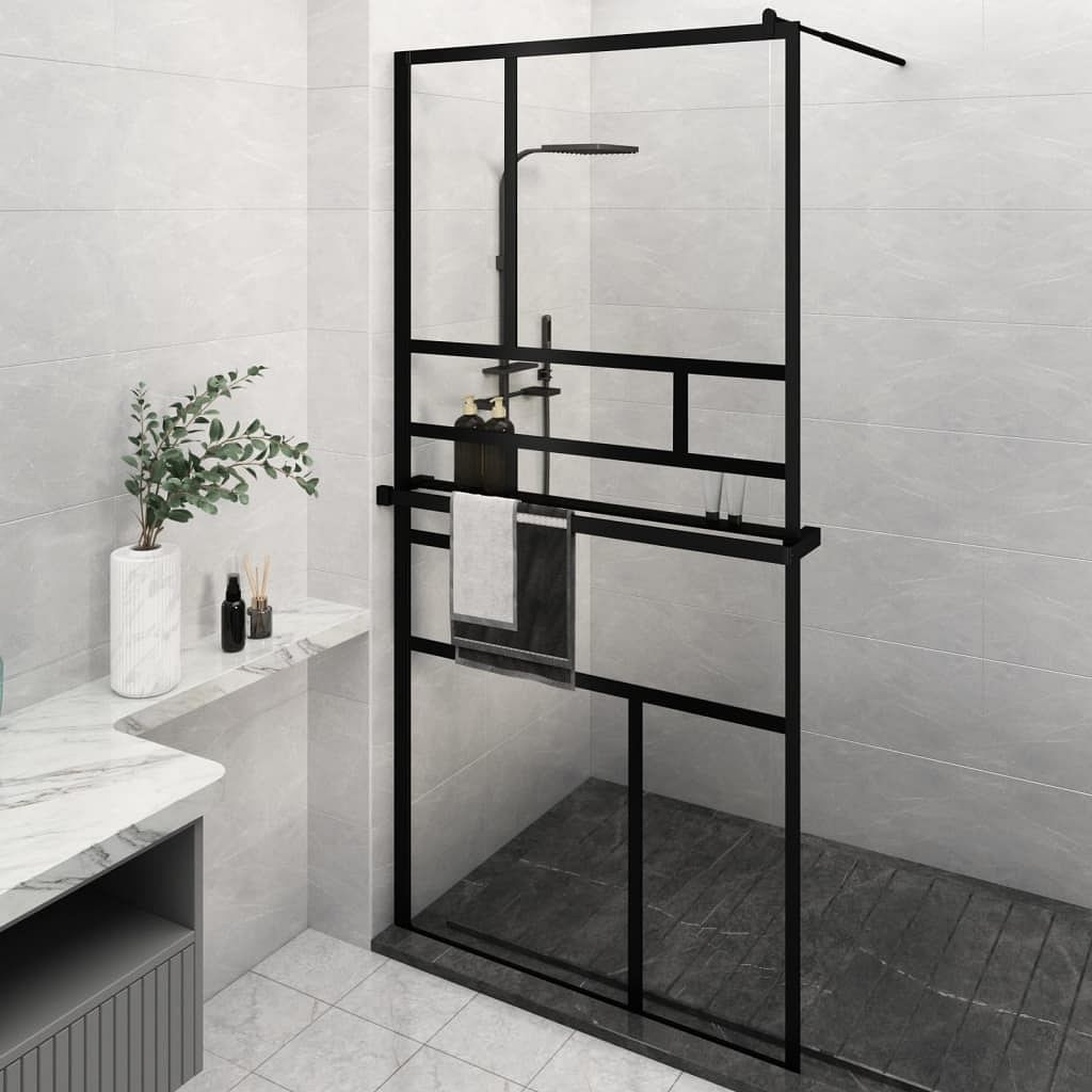 Walk-in shower wall with shelf black 45.3"x76.8" esg glass&aluminum