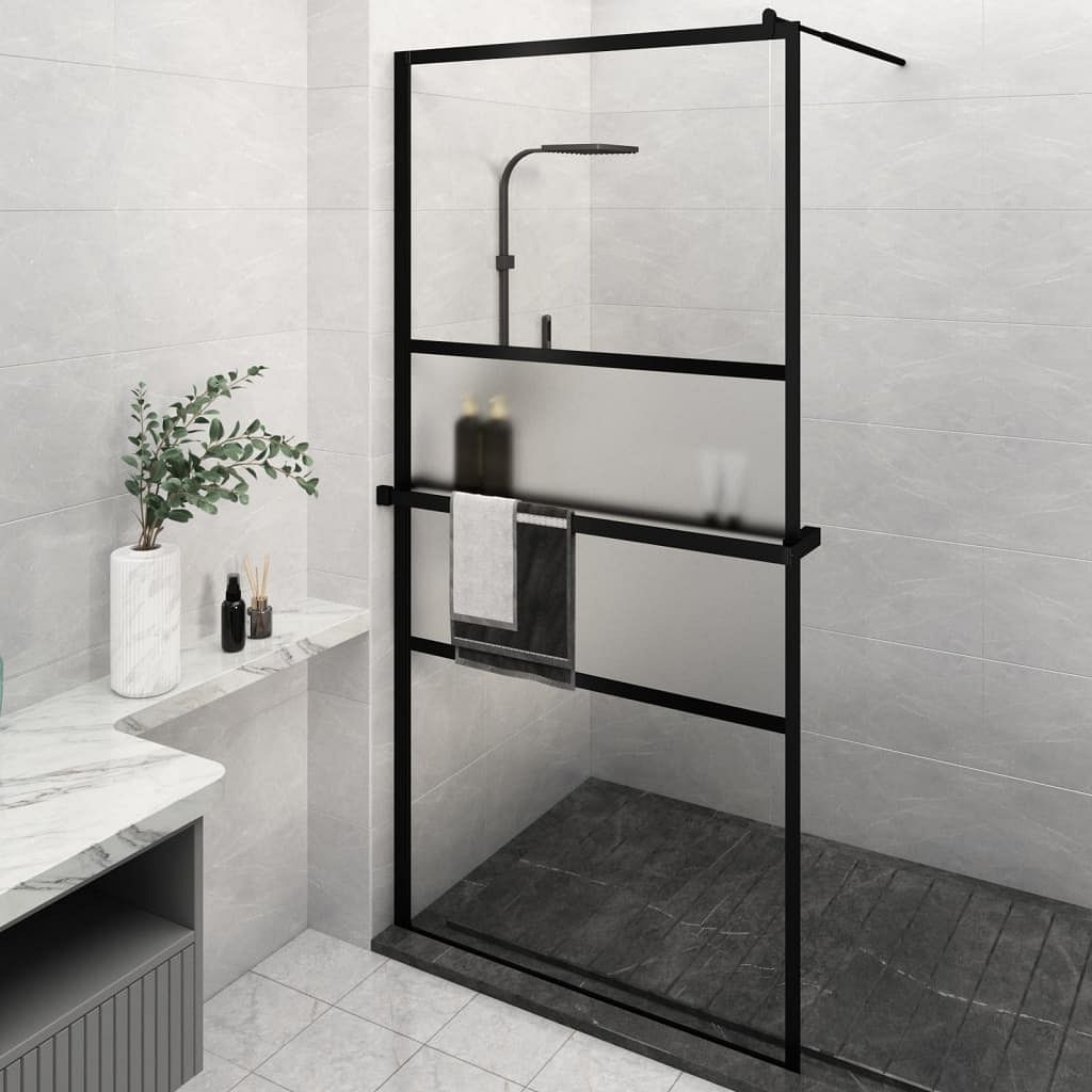 Walk-in shower wall with shelf black 45.3"x76.8" esg glass&aluminum