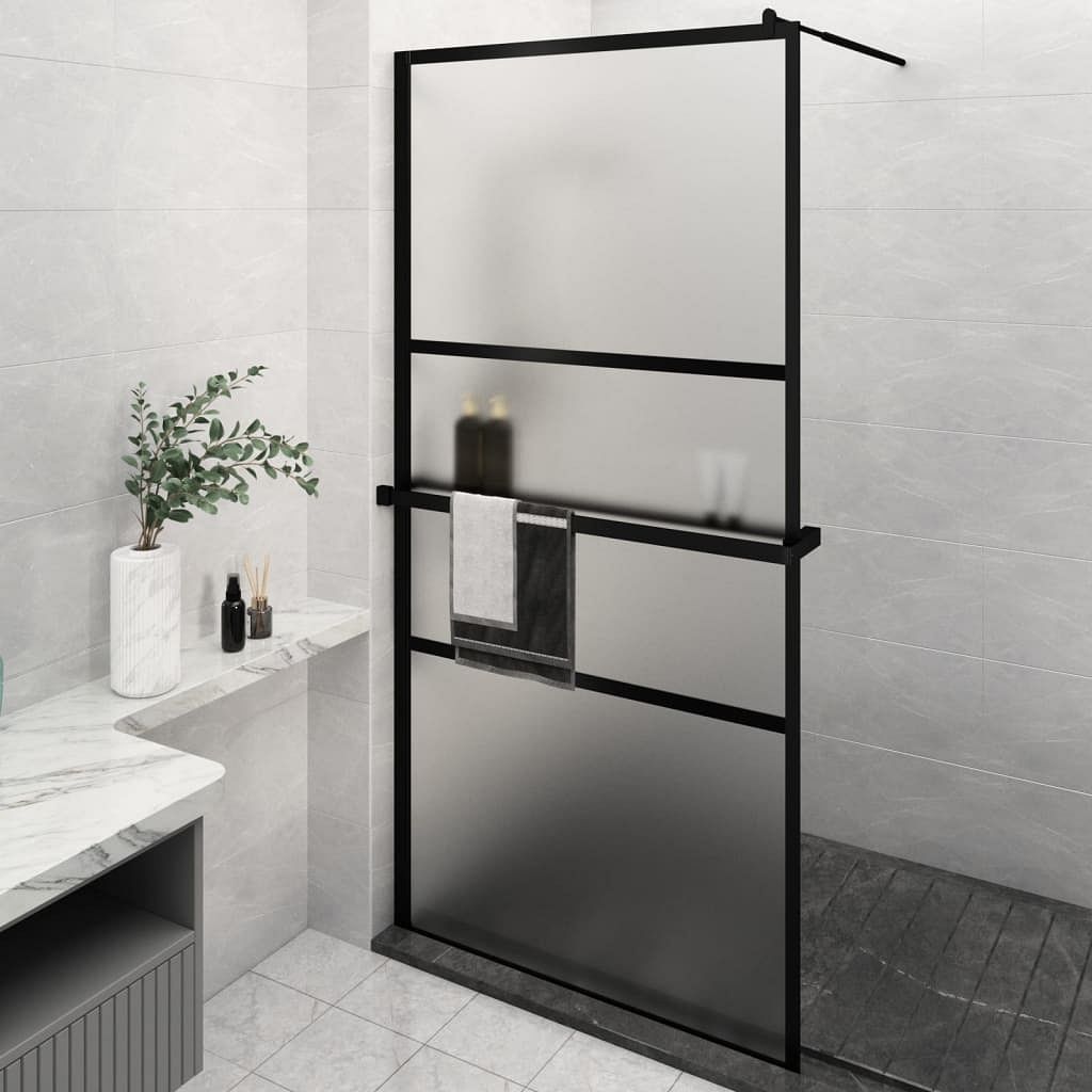 Walk-in shower wall with shelf black 45.3"x76.8" esg glass&aluminum