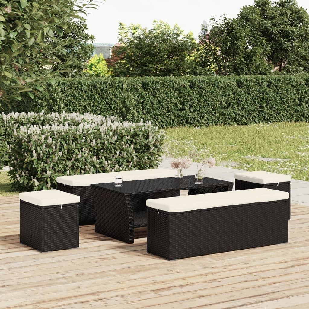 Ottoman set of 2 black, cream white pe rattan, powder-coated metal