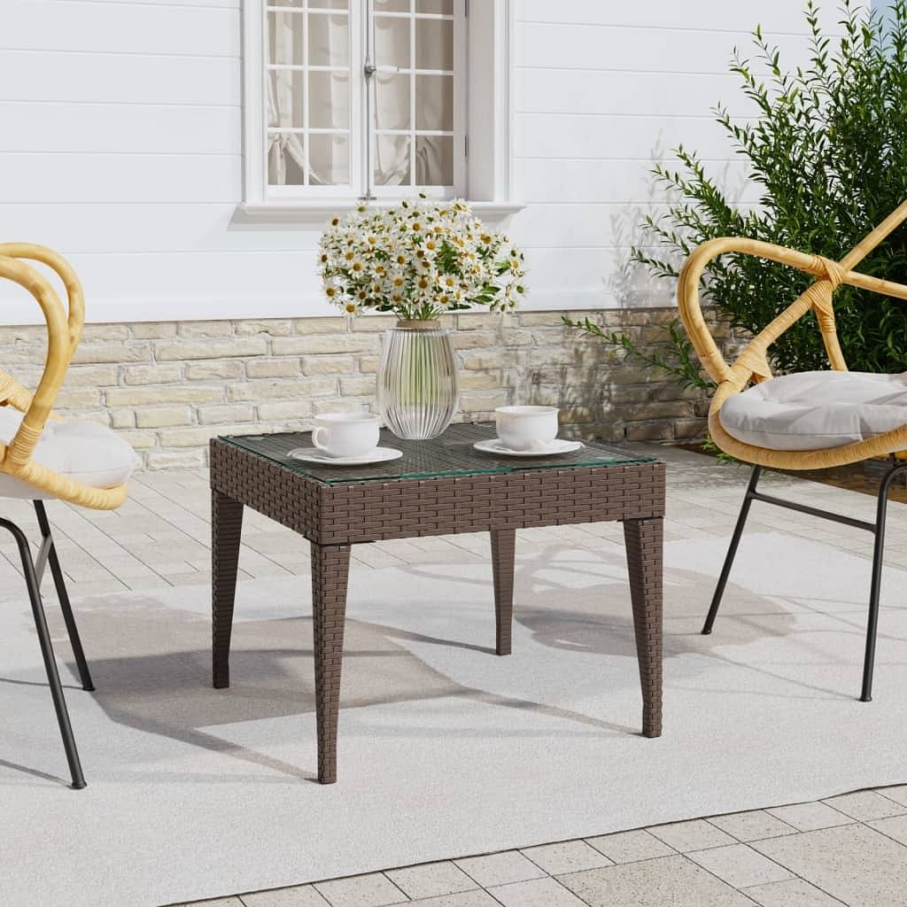 Side table brown poly rattan, tempered glass 19.7x19.7x15.0 in