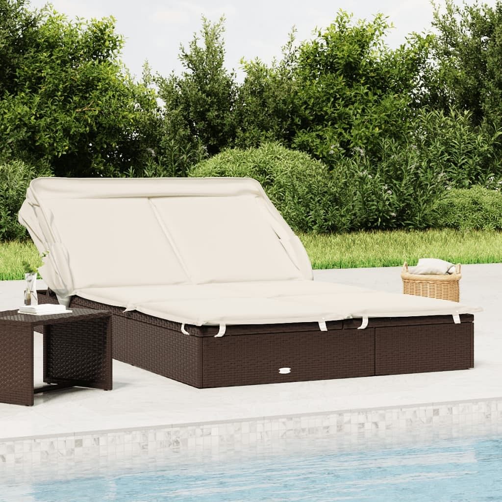 Patio sunbed brown pe rattan 2-person adjustable armrests
