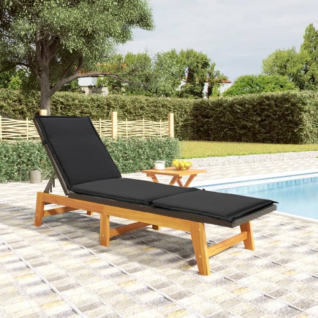 Sun lounger black and brown pe rattan, solid acacia wood, steel