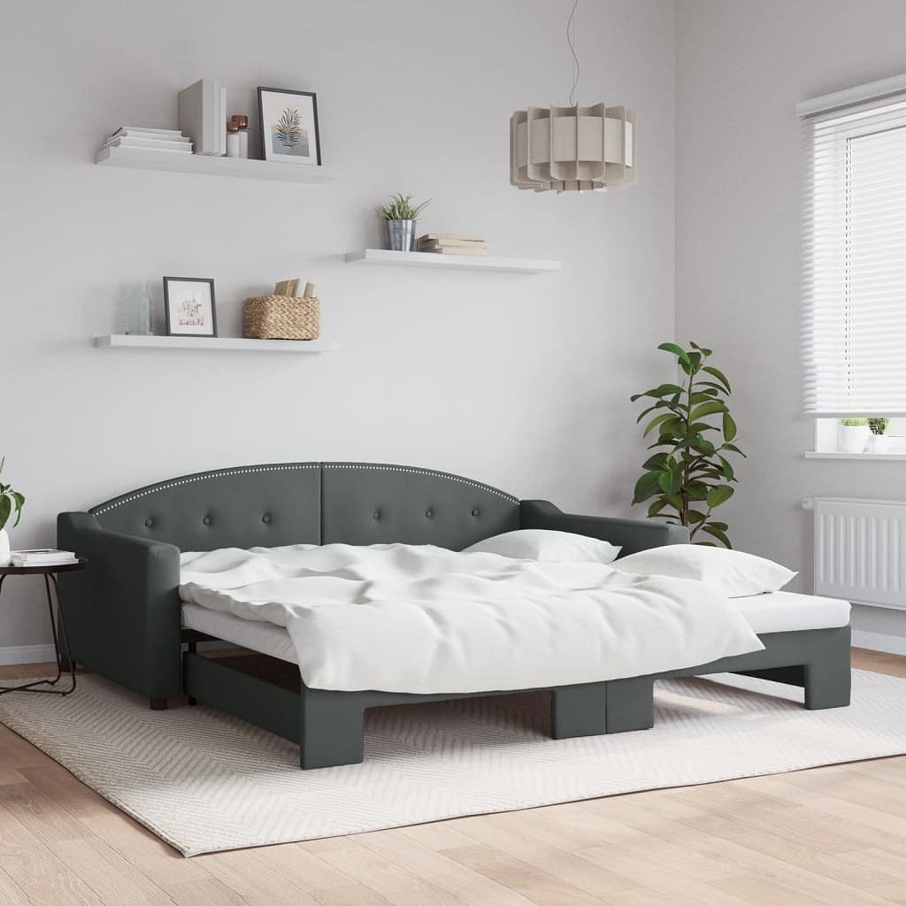 Daybed with trundle light gray polyester, metal, wood, plywood, foam