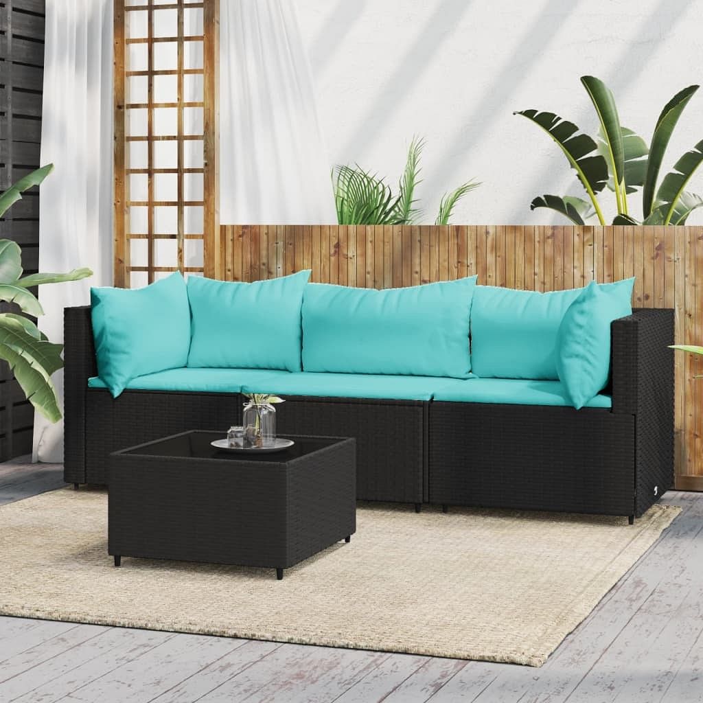 Patio lounge set black pe rattan, powder-coated steel, tempered glass