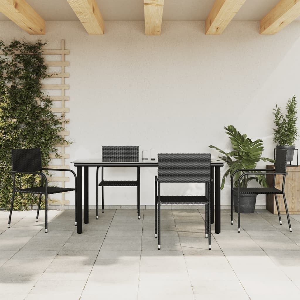 Garden dining set black poly rattan, steel, tempered glass large