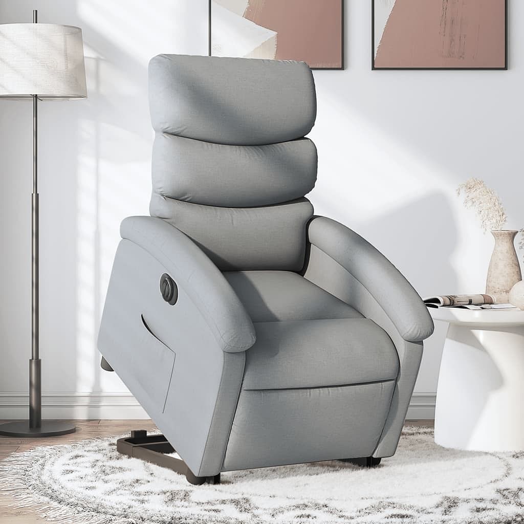 Electric stand up recliner chair light gray polyester, metal, plywood