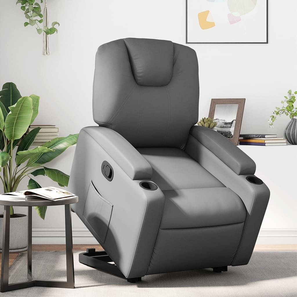 Stand up recliner chair grey faux leather, metal, plywood single