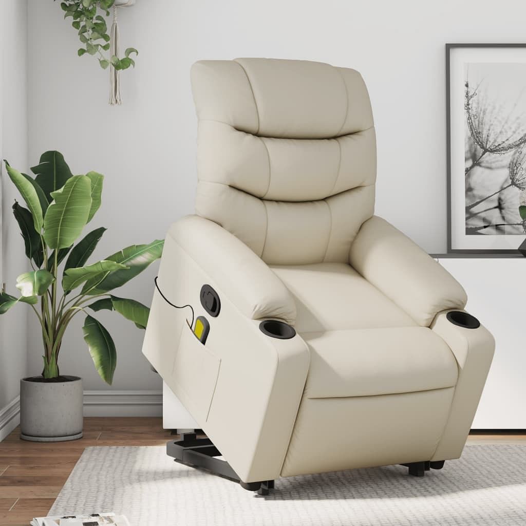 Stand up massage recliner chair cream faux leather