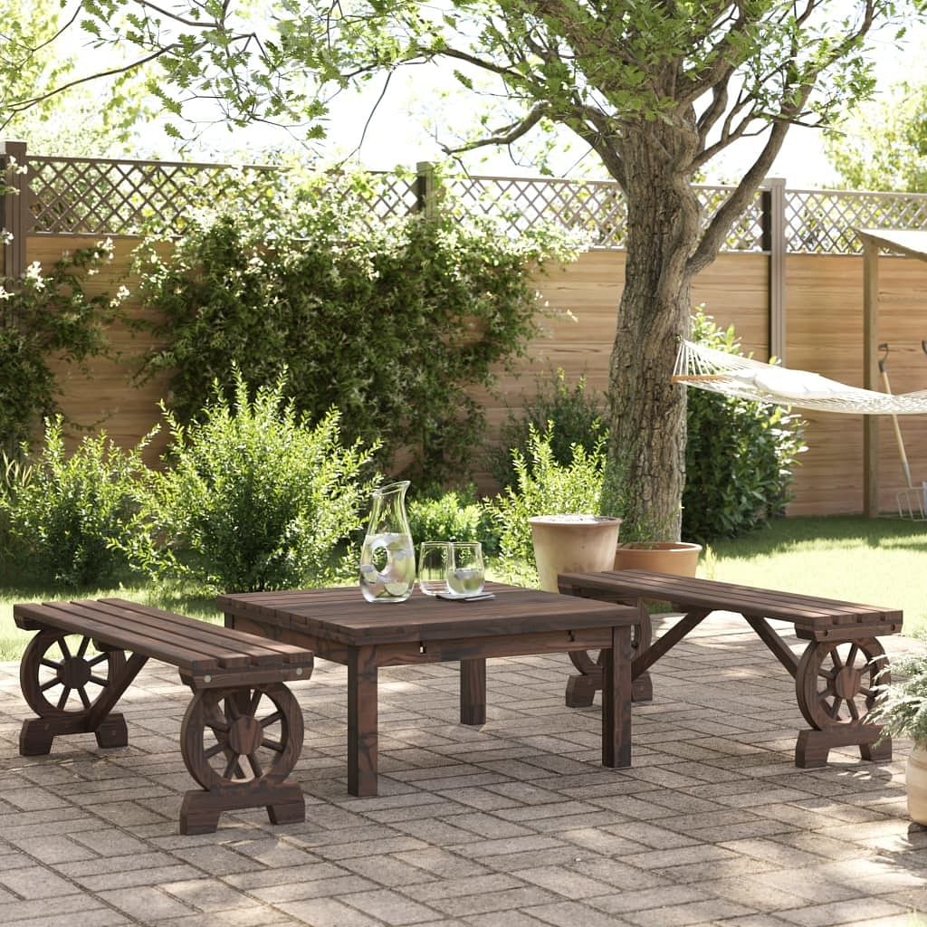 Garden bench set of 2 burnt solid fir wood standard durable