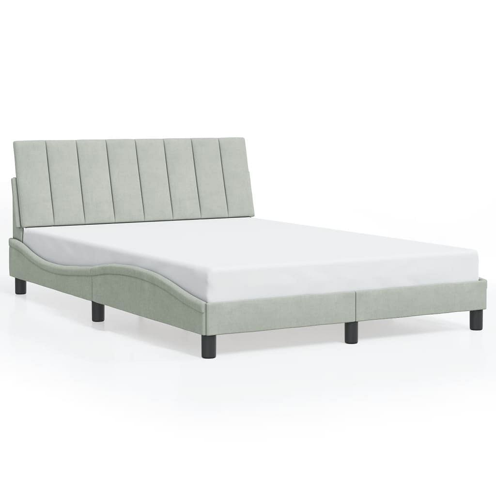Bed frame light grey velvet, metal, solid pine wood, plywood