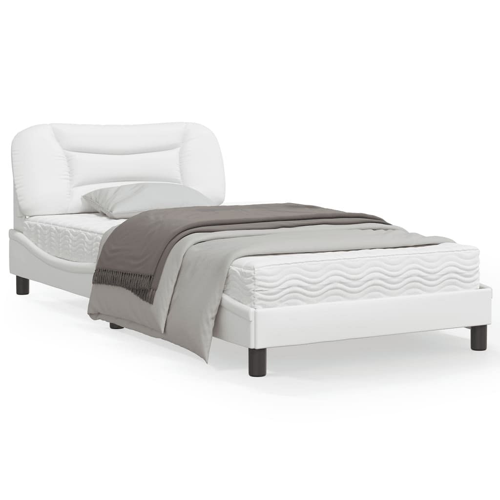 Bed frame white faux leather, metal, solid pine wood, plywood twin