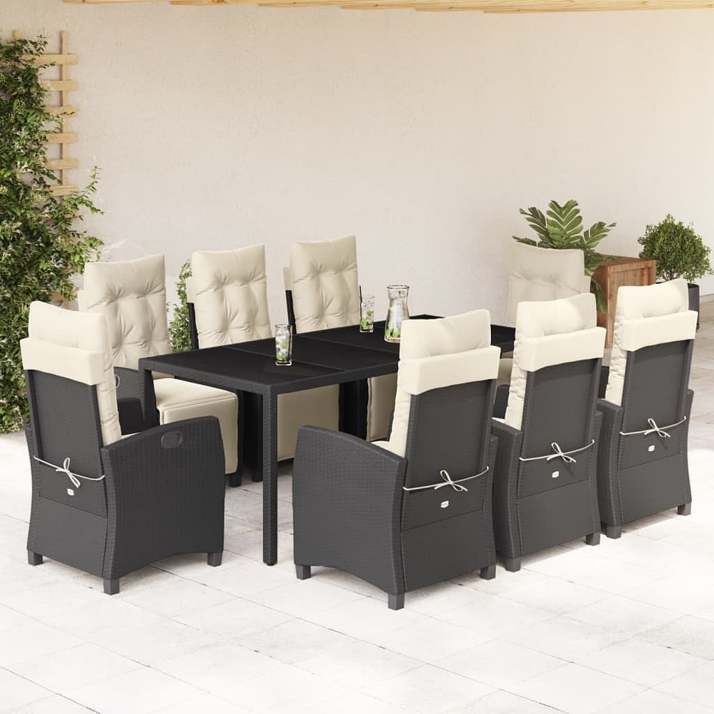 Garden dining set black pe rattan large adjustable footrests