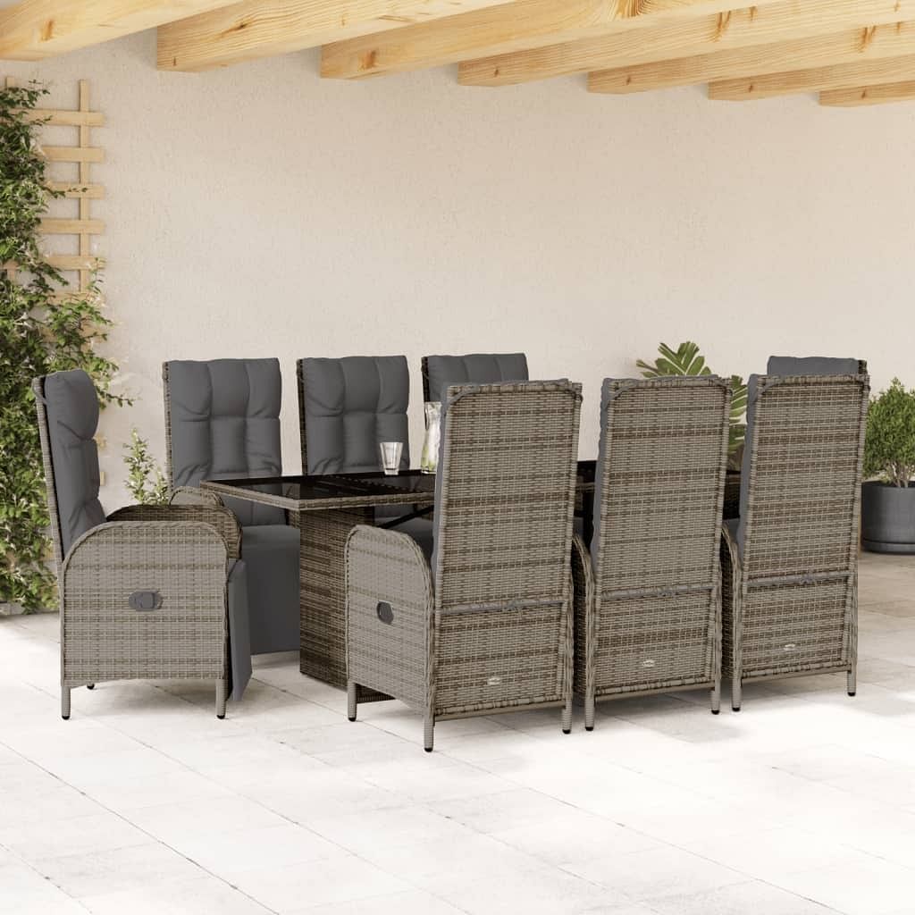 Dining set grey poly rattan, powder-coated steel, tempered glass