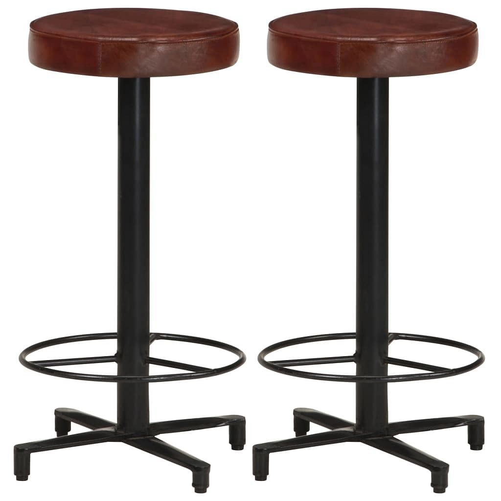 Bar stool set of 2 brown, black real leather, powder-coated iron