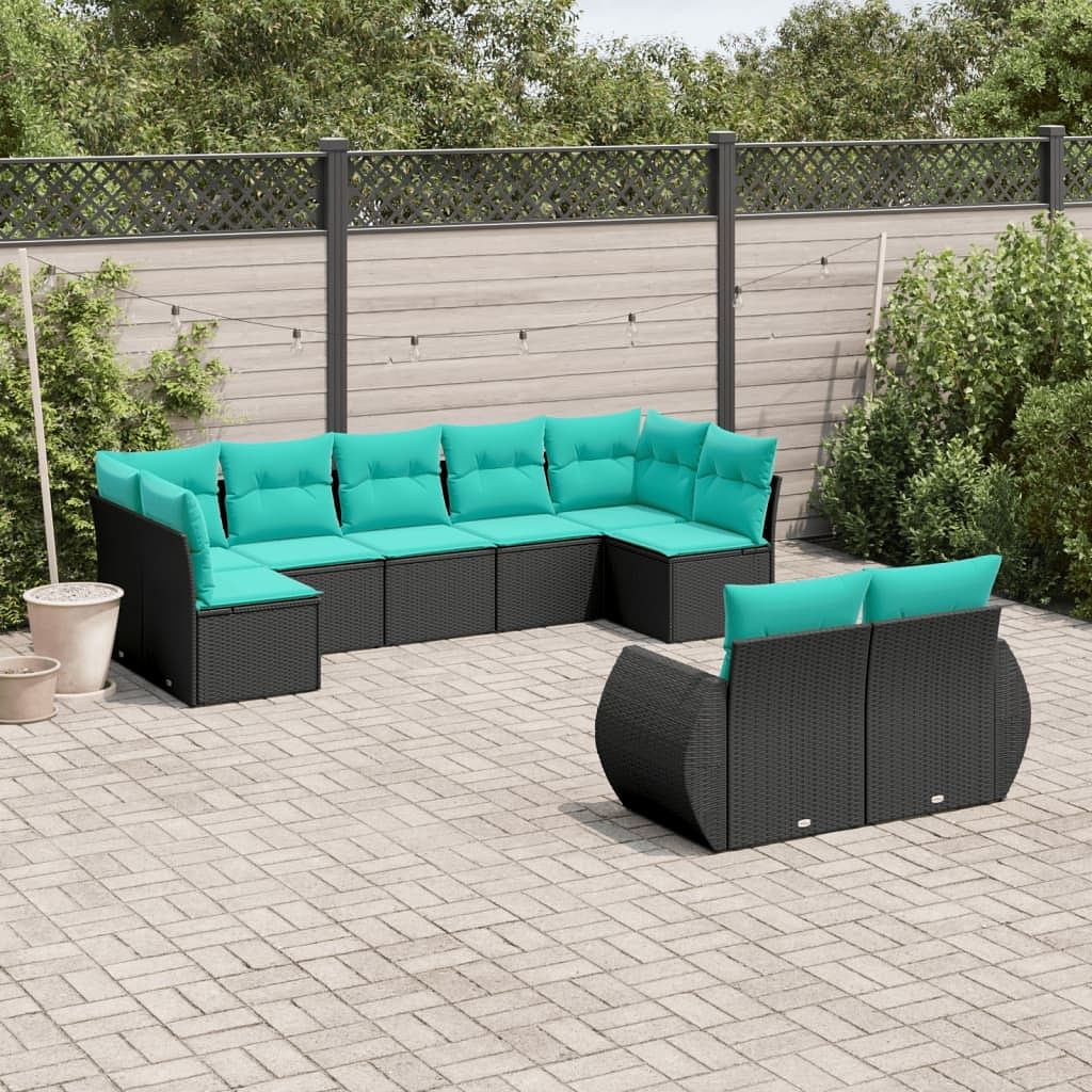 Patio sofa set black poly rattan 9-piece set adjustable feet