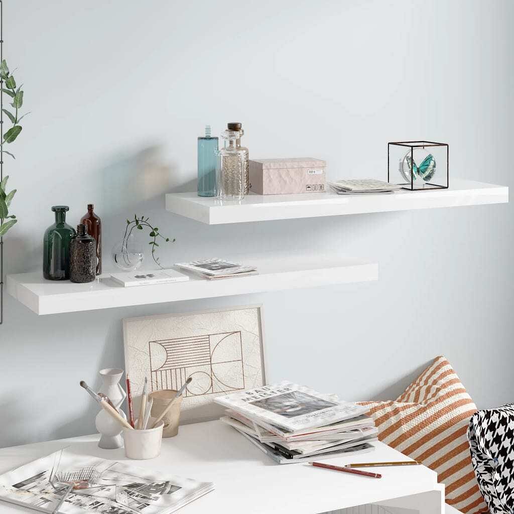 Wall shelf set of 2 high gloss white honeycomb mdf, metal medium