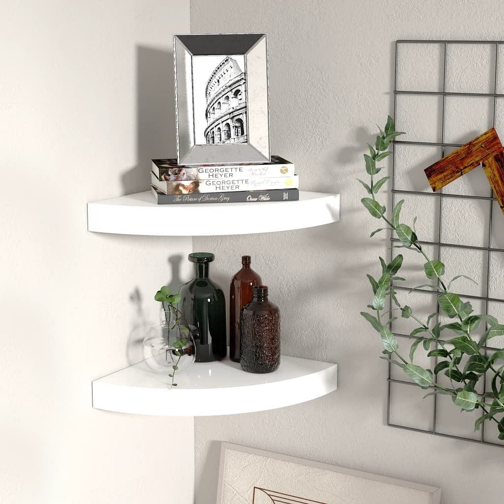 Corner shelf set of 2 high gloss white honeycomb mdf, metal
