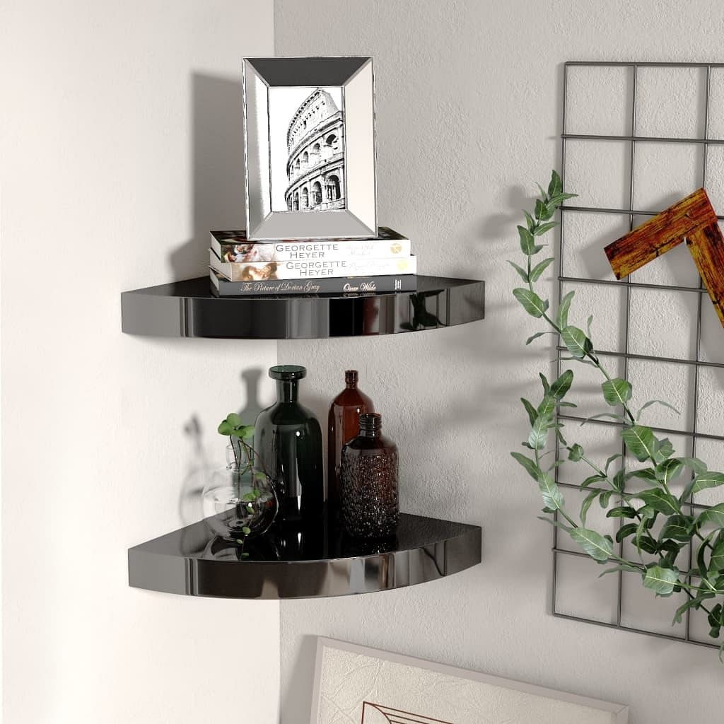 Corner shelf set of 2 high gloss black honeycomb mdf
