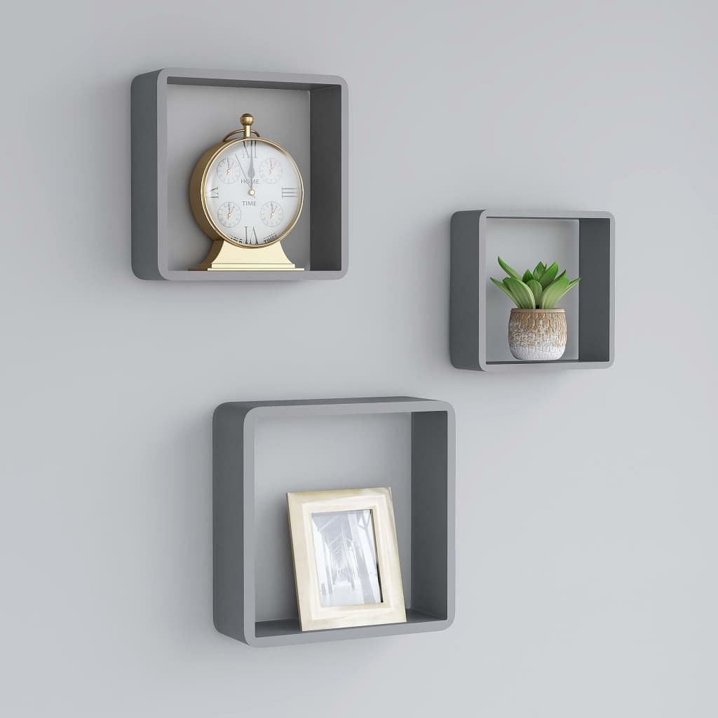 Wall cube shelf set of 3 grey mdf small appealing design