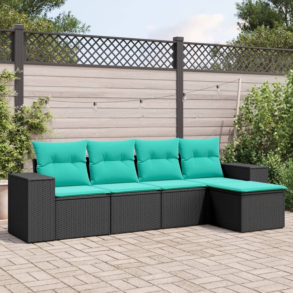 Patio sofa set black, blue pe rattan, powder-coated steel, polyester