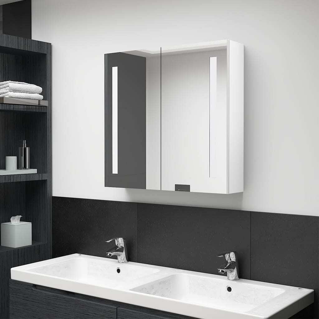 Bathroom cabinet shining white mdf with melamine finish, glass mirror