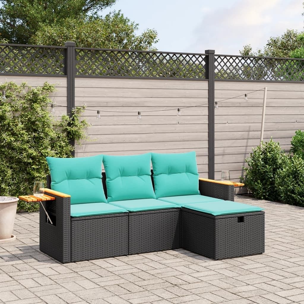 Garden sofa set black, blue pe rattan, fabric (100% polyester)