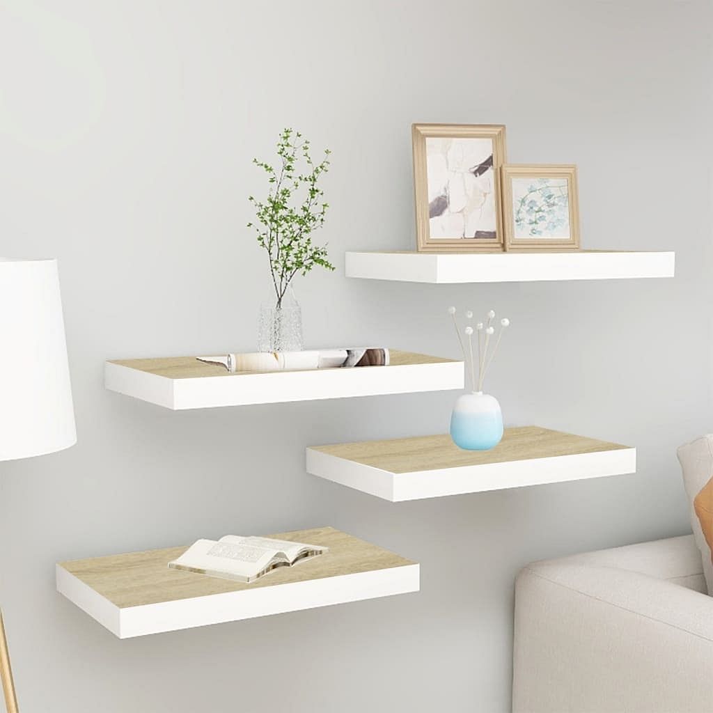 Wall shelf set of 4 oak and white honeycomb mdf, metal