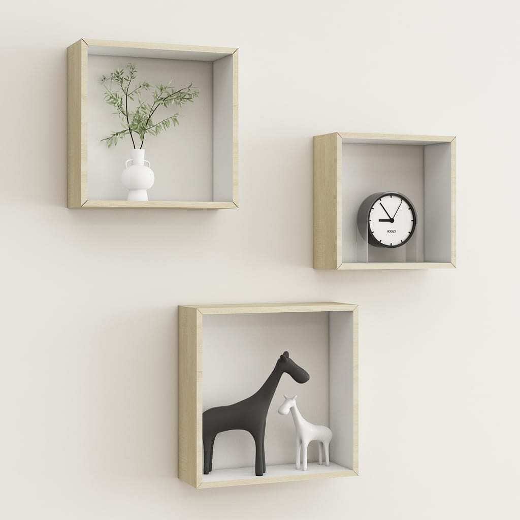 Wall cube shelf set of 3 white and sonoma oak mdf small to medium