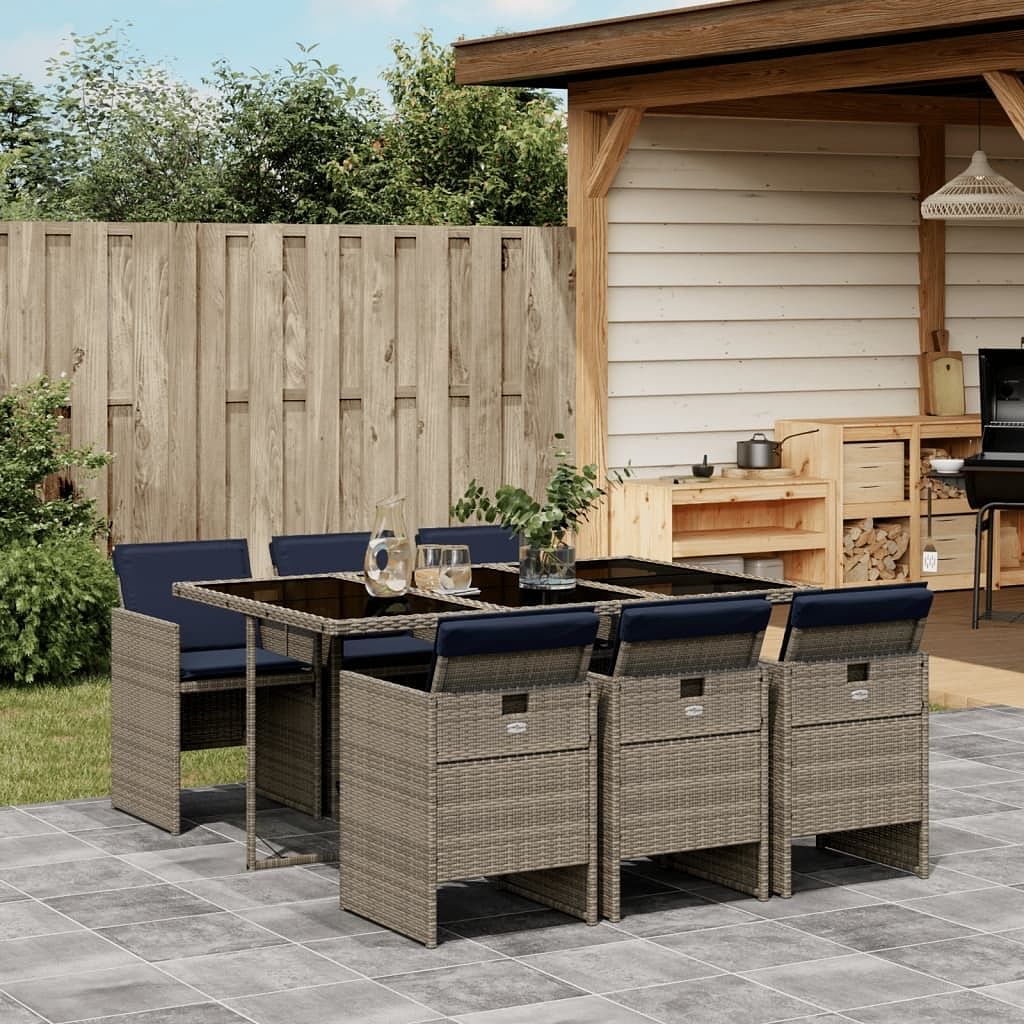 Patio dining set 6 seats gray pe rattan foldable