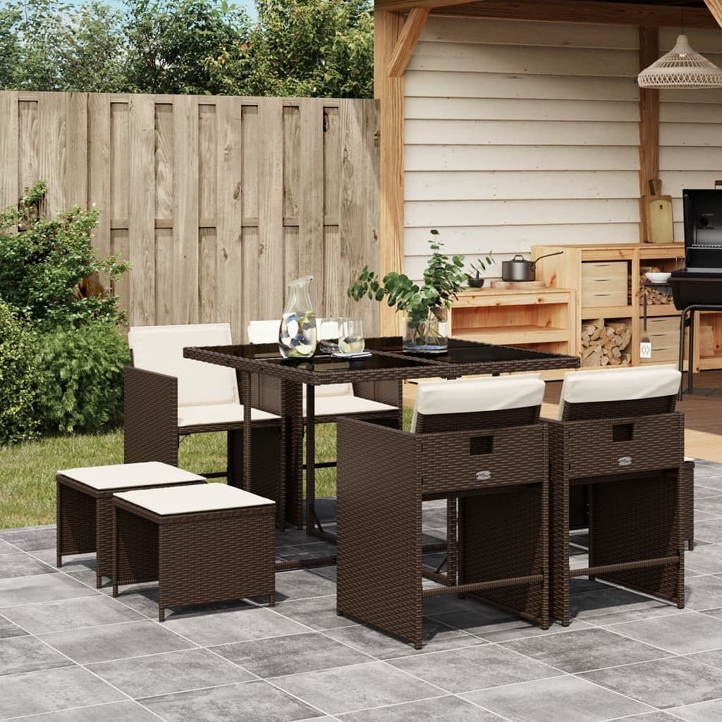 Patio dining set set of 8 brown poly rattan 8-seater foldable