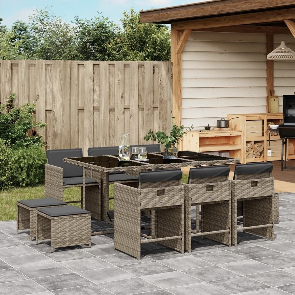 Patio dining set set of 10 grey for furniture, dark grey for cushions