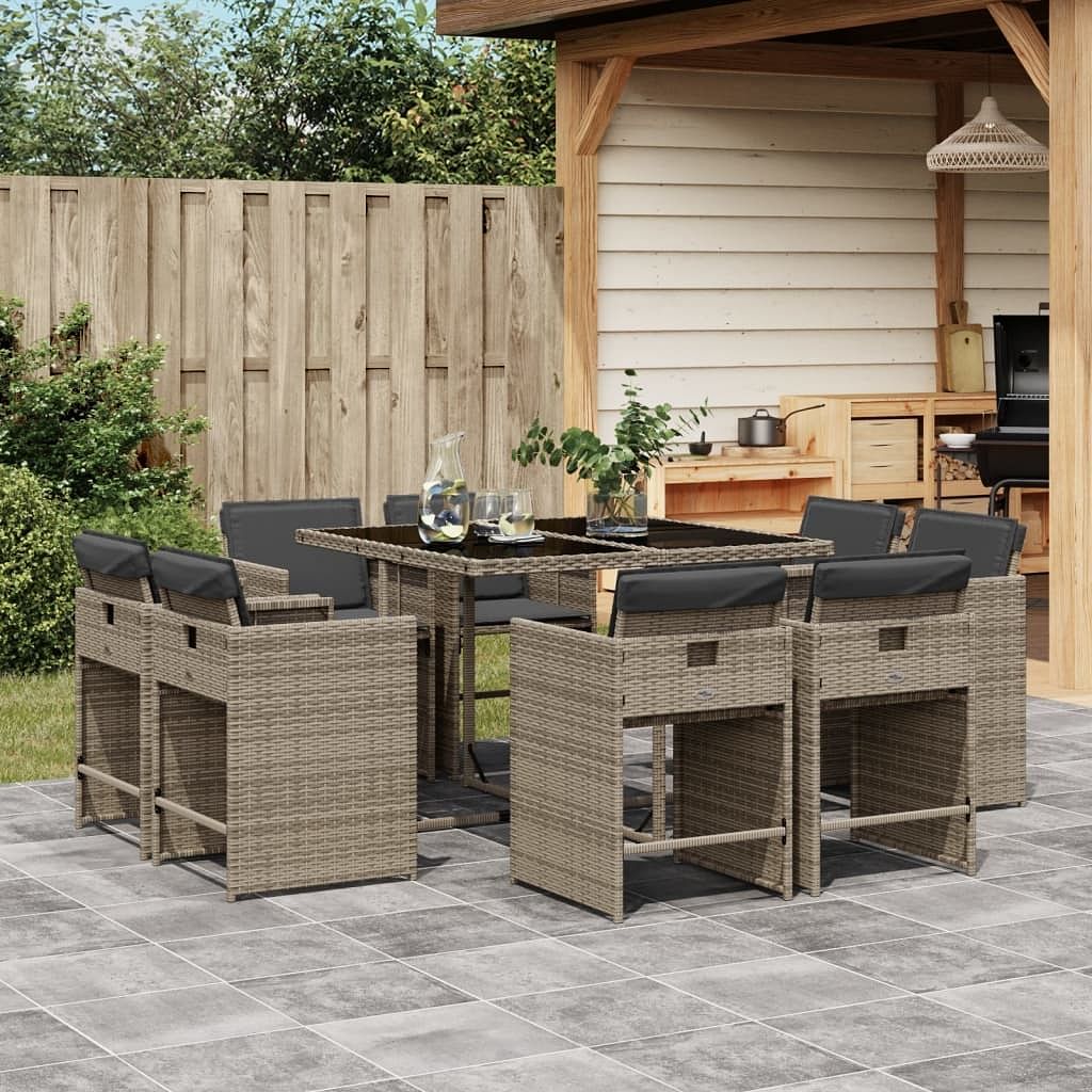 Patio dining set set of 8 gray pe rattan 8-seater foldable