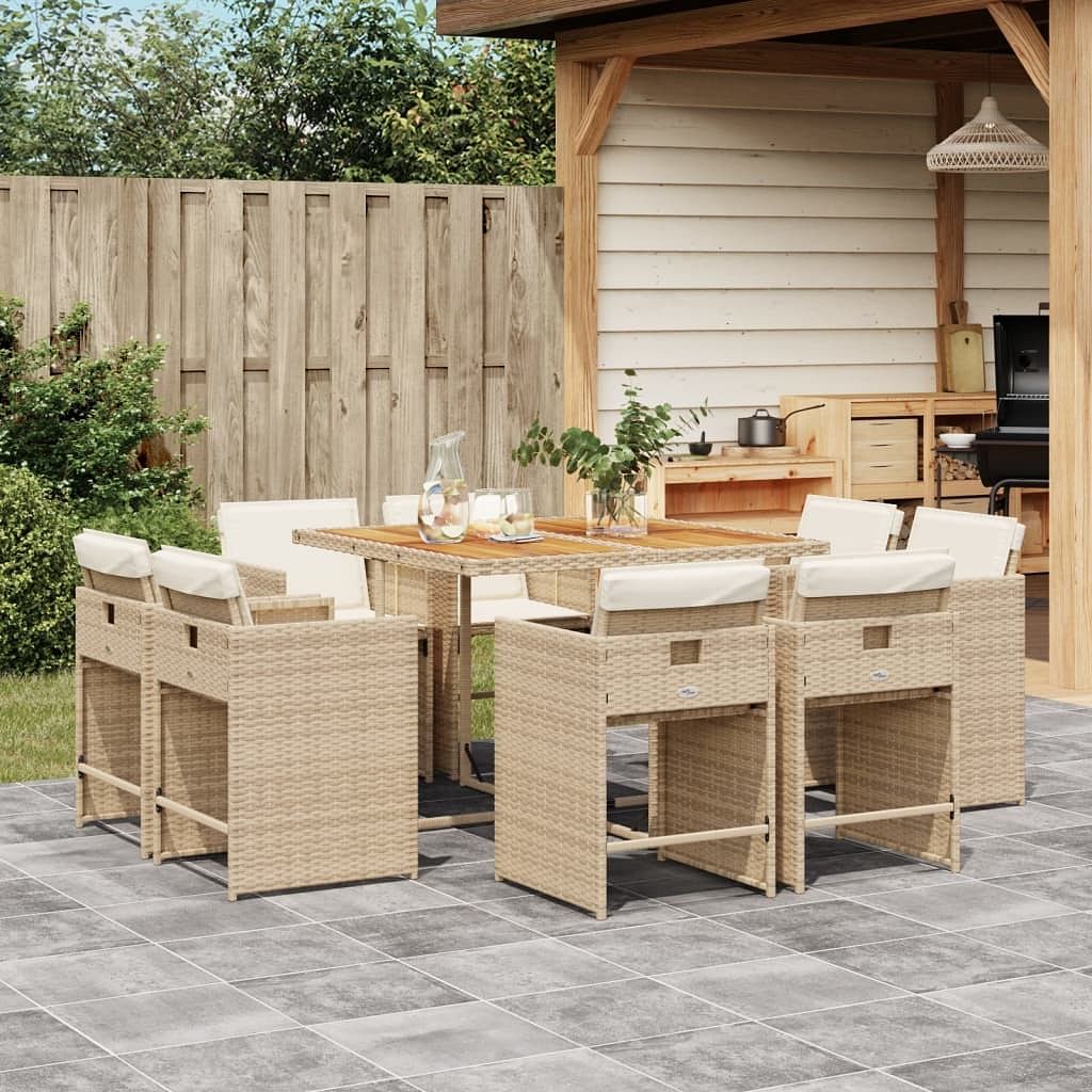 9 piece patio dining set with cushions beige poly rattan