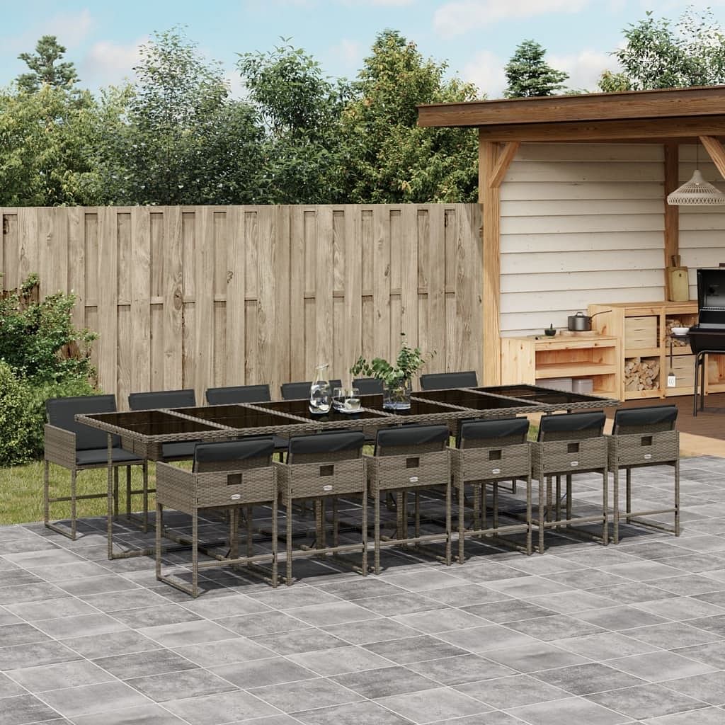 Garden dining set grey pe rattan, powder-coated steel, tempered glass