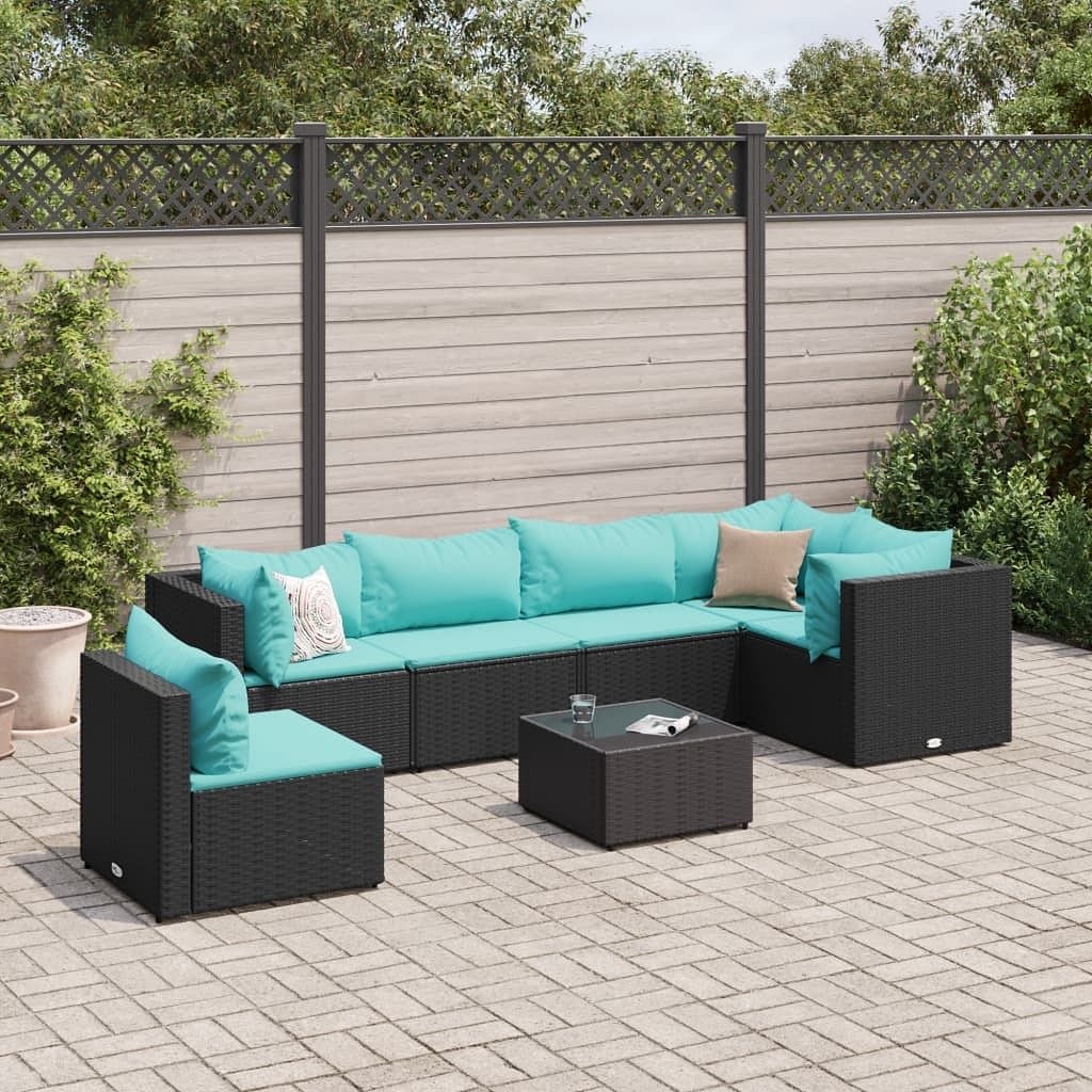 Patio lounge set black pe rattan 7 piece set